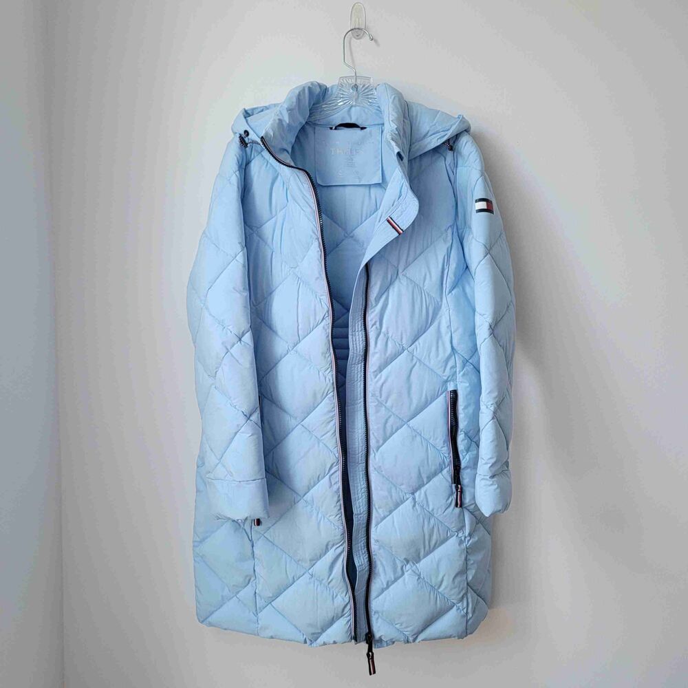 TOMMY HILFIGER Light Blue Quilted Puffer Hooded Jacket Womens Large - Picture 3 of 13